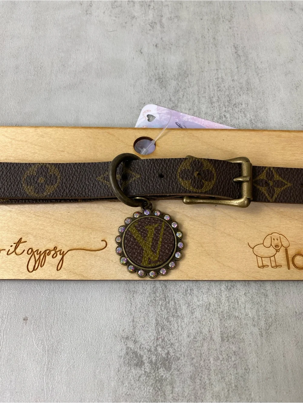 Brown Designer Monogram Dog Collar with Decorative Charm upcycle LV
